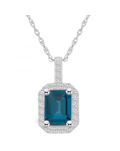 London Blue Topaz (2 Ct. T.W.) and Diamond (1/4 Ct. T.W.) Halo Pendant Necklace in 14K White Gold