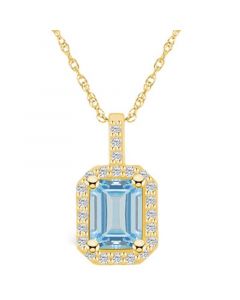 Aquamarine (1-3/8 Ct. T.W.) and Diamond (1/4 Ct. T.W.) Halo Pendant Necklace in 14K Yellow Gold