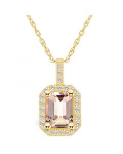 Morganite (1-3/8 Ct. T.W.) and Diamond (1/4 Ct. T.W.) Halo Pendant Necklace in 14K Yellow Gold