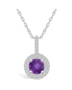 Amethyst (1-1/4 Ct. T.W.) and Diamond (3/8 Ct. T.W.) Halo Pendant Necklace in 14K White Gold