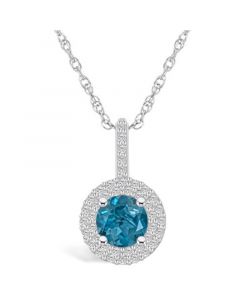 London Blue Topaz (1-5/8 Ct. T.W.) and Diamond (3/8 Ct. T.W.) Halo Pendant Necklace in 14K White Gold