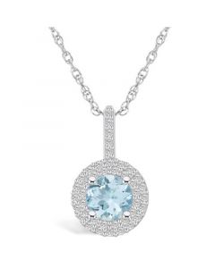 Aquamarine (1-1/4 Ct. T.W.) and Diamond (3/8 Ct. T.W.) Halo Pendant Necklace in 14K White Gold