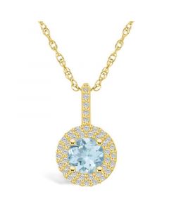 Aquamarine (1-1/4 Ct. T.W.) and Diamond (3/8 Ct. T.W.) Halo Pendant Necklace in 14K Yellow Gold