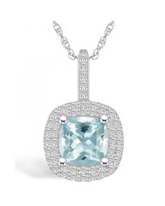 Aquamarine (2 Ct. T.W.) and Diamond (1/2 Ct. T.W.) Halo Pendant Necklace in 14K White Gold