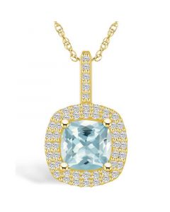 Aquamarine (2 Ct. T.W.) and Diamond (1/2 Ct. T.W.) Halo Pendant Necklace in 14K Yellow Gold