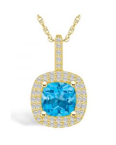 Blue Topaz (2-3/4 Ct. T.W.) and Diamond (1/2 Ct. T.W.) Halo Pendant Necklace in 14K Yellow Gold