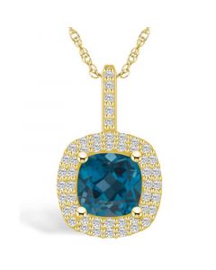 London Blue Topaz (2-3/4 Ct. T.W.) and Diamond (1/2 Ct. T.W.) Halo Pendant Necklace in 14K Yellow Gold