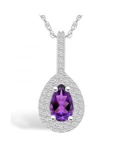 Amethyst (7/8 Ct. T.W.) and Diamond (3/8 Ct. T.W.) Halo Pendant Necklace in 14K White Gold