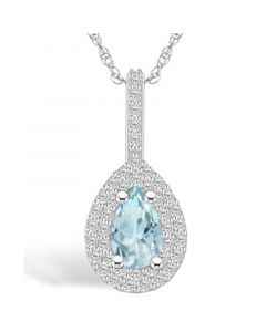 Aquamarine (3/4 Ct. T.W.) and Diamond (3/8 Ct. T.W.) Halo Pendant Necklace in 14K White Gold