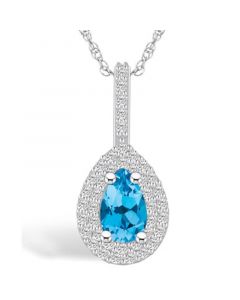 Blue Topaz (1 Ct. T.W.) and Diamond (3/8 Ct. T.W.) Halo Pendant Necklace in 14K White Gold