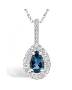 London Blue Topaz (1 Ct. T.W.) and Diamond (3/8 Ct. T.W.) Halo Pendant Necklace in 14K White Gold