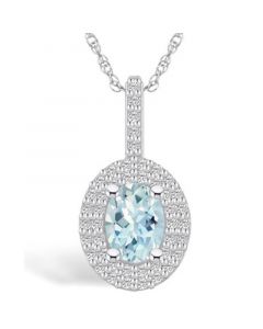 Aquamarine (1-1/7 Ct. T.W.) and Diamond (1/2 Ct. T.W.) Halo Pendant Necklace in 14K White Gold