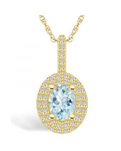 Aquamarine (1-1/7 Ct. T.W.) and Diamond (1/2 Ct. T.W.) Halo Pendant Necklace in 14K Yellow Gold