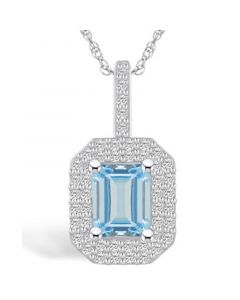 Aquamarine (1-3/8 Ct. T.W.) and Diamond (1/2 Ct. T.W.) Halo Pendant Necklace in 14K White Gold