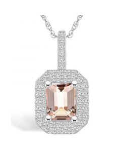 Morganite (1-3/8 Ct. T.W.) and Diamond (1/2 Ct. T.W.) Halo Pendant Necklace in 14K White Gold