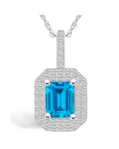 Blue Topaz (2 Ct. T.W.) and Diamond (1/2 Ct. T.W.) Halo Pendant Necklace in 14K White Gold