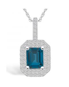 London Blue Topaz (2 Ct. T.W.) and Diamond (1/2 Ct. T.W.) Halo Pendant Necklace in 14K White Gold