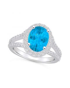 Blue Topaz (3-5/8 ct. t.w.) and Diamond (3/4 ct. t.w.) Halo Ring in 14K White Gold