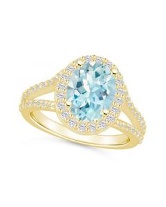 Aquamarine (2-1/2 ct. t.w.) and Diamond (3/4 ct. t.w.) Halo Ring in 14K Yellow Gold