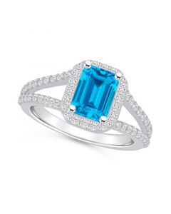 Blue Topaz (2 ct. t.w.) and Diamond (1/2 ct. t.w.) Halo Ring in 14K White Gold