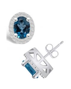 London Topaz (3-1/5 ct. t.w.) and Diamond (3/8 ct. t.w.) Halo Stud Earrings in 14K White Gold