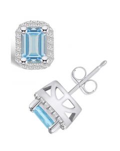 Aquamarine (1 ct. t.w.) and Diamond (1/5 ct. t.w.) Halo Stud Earrings in 14K White Gold