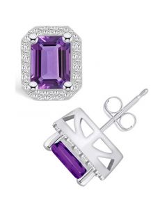 Amethyst (3-1/5 ct. t.w.) and Diamond (3/8 ct. t.w.) Halo Stud Earrings in 14K White Gold