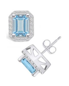 Aquamarine (2-3/4 ct. t.w.) and Diamond (3/8 ct. t.w.) Halo Stud Earrings in 14K White Gold