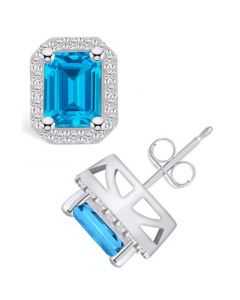 Topaz (4 ct. t.w.) and Diamond (3/8 ct. t.w.) Halo Stud Earrings in 14K White Gold