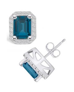 London Topaz (4 ct. t.w.) and Diamond (3/8 ct. t.w.) Halo Stud Earrings in 14K White Gold