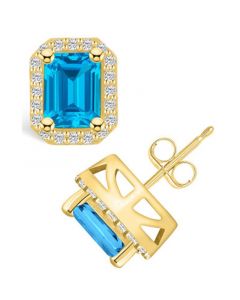 Topaz (4 ct. t.w.) and Diamond (3/8 ct. t.w.) Halo Stud Earrings in 14K Yellow Gold