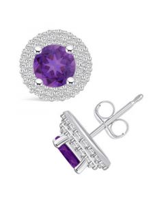 Amethyst (1-1/2 ct. t.w.) and Diamond (1/2 ct. t.w.) Halo Stud Earrings in 14K White Gold