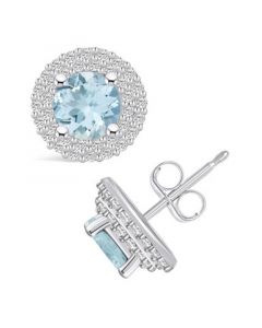 Aquamarine (1-1/2 ct. t.w.) and Diamond (1/2 ct. t.w.) Halo Stud Earrings in 14K White Gold