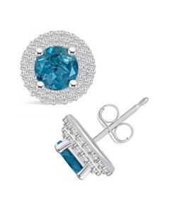 London Topaz (2-1/3 ct. t.w.) and Diamond (1/2 ct. t.w.) Halo Stud Earrings in 14K White Gold