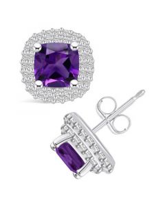 Amethyst (1-3/4 ct. t.w.) and Diamond (3/8 ct. t.w.) Halo Stud Earrings in 14K White Gold