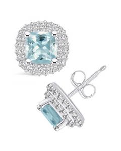 Aquamarine (1-3/4 ct. t.w.) and Diamond (3/8 ct. t.w.) Halo Stud Earrings in 14K White Gold