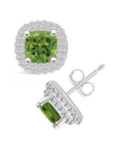 Peridot (2-1/5 ct. t.w.) and Diamond (3/8 ct. t.w.) Halo Stud Earrings in 14K White Gold