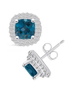 London Topaz (2-1/2 ct. t.w.) and Diamond (3/8 ct. t.w.) Halo Stud Earrings in 14K White Gold