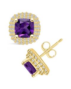 Amethyst (1-3/4 ct. t.w.) and Diamond (3/8 ct. t.w.) Halo Stud Earrings in 14K Yellow Gold