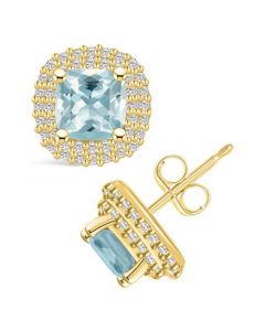 Aquamarine (1-3/4 ct. t.w.) and Diamond (3/8 ct. t.w.) Halo Stud Earrings in 14K Yellow Gold