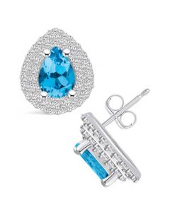 Topaz (1-3/4 ct. t.w.) and Diamond (5/8 ct. t.w.) Halo Stud Earrings in 14K White Gold