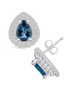 London Topaz (1-3/4 ct. t.w.) and Diamond (5/8 ct. t.w.) Halo Stud Earrings in 14K White Gold