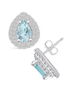 Aquamarine (1-1/5 ct. t.w.) and Diamond (5/8 ct. t.w.) Halo Stud Earrings in 14K White Gold