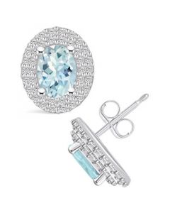 Aquamarine (1-3/8 ct. t.w.) and Diamond (1/2 ct. t.w.) Halo Stud Earrings in 14K White Gold