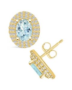 Aquamarine (1-3/8 ct. t.w.) and Diamond (1/2 ct. t.w.) Halo Stud Earrings in 14K Yellow Gold