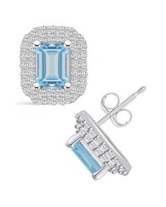 Aquamarine (1-3/4 ct. t.w.) and Diamond (3/4 ct. t.w.) Halo Stud Earrings in 14K White Gold