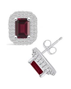 Garnet (2-1/2 ct. t.w.) and Diamond (3/4 ct. t.w.) Halo Stud Earrings in 14K White Gold