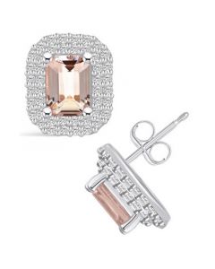 Morganite (1-3/4 ct. t.w.) and Diamond (3/4 ct. t.w.) Halo Stud Earrings in 14K White Gold