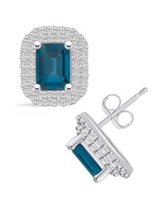 London Topaz (2-5/8 ct. t.w.) and Diamond (3/4 ct. t.w.) Halo Stud Earrings in 14K White Gold