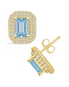 Aquamarine (1-3/4 ct. t.w.) and Diamond (3/4 ct. t.w.) Halo Stud Earrings in 14K Yellow Gold